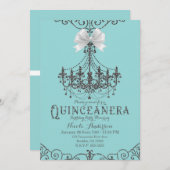 Invitation Turquoise & Argent Blanc Bow Quinceañera 15 15e (Devant / Derrière)