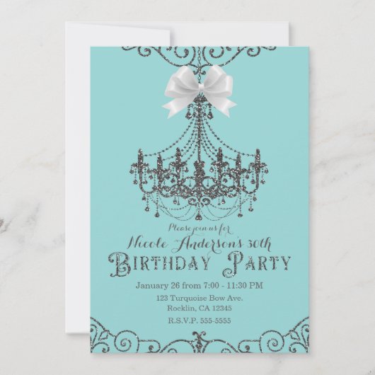 Invitation Turquoise Argent Blanc Nœud Papillon Anniversaire  (Devant)