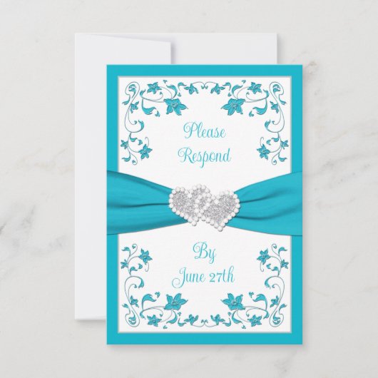Invitation Turquoise, Argent Coeurs Amour Mariage RSVP Card 2 (Devant)