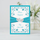 Invitation Turquoise, Argent Coeurs Amour Mariage RSVP Card 2 (Debout devant)