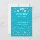 Invitation Turquoise, Argent Coeurs Amour Mariage RSVP Card 2 (Dos)
