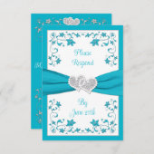 Invitation Turquoise, Argent Coeurs Amour Mariage RSVP Card 2 (Devant / Derrière)