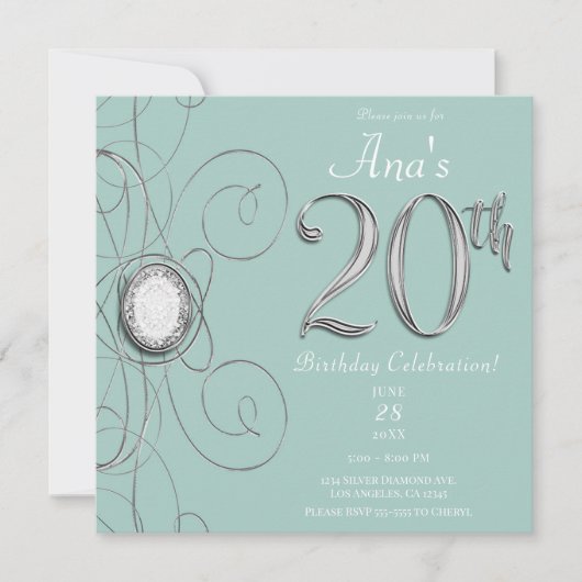 Invitation Turquoise Argent Diamant 20 Fête d'anniversaire de (Devant)