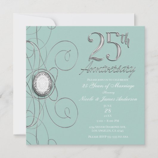 Invitation Turquoise Argent Diamant 25 Fête des 25 ans (Devant)