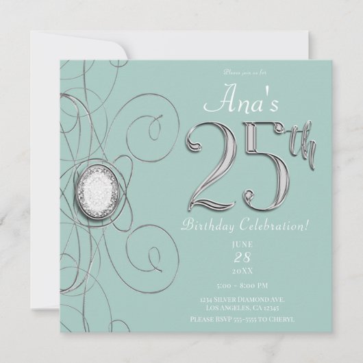 Invitation Turquoise Argent Diamant Fête des 25 ans (Devant)