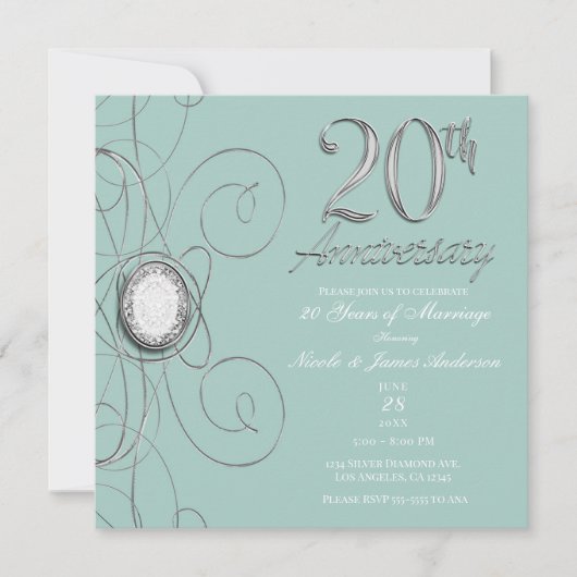 Invitation Turquoise Argent Diamant Soirée du 20e anniversair (Devant)