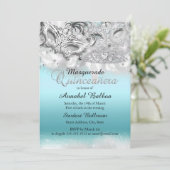 Invitation Turquoise Argent étincelle Masquerade Quinceanera  (Debout devant)