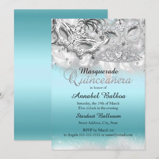 Invitation Turquoise Argent étincelle Masquerade Quinceanera  (Devant / Derrière)
