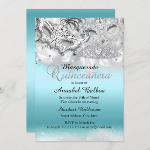 Invitation Turquoise Argent étincelle Masquerade Quinceanera 