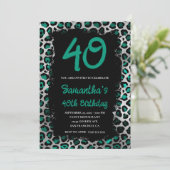 Invitation Turquoise Argent Léopard Peint en Noir 40e Anniver (Debout devant)