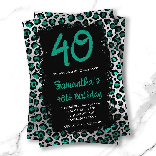 Invitation Turquoise Argent Léopard Peint en Noir 40e Anniver