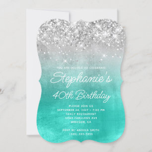 Invitation Turquoise Argent Pailleté Monogramme 40e Anniversa