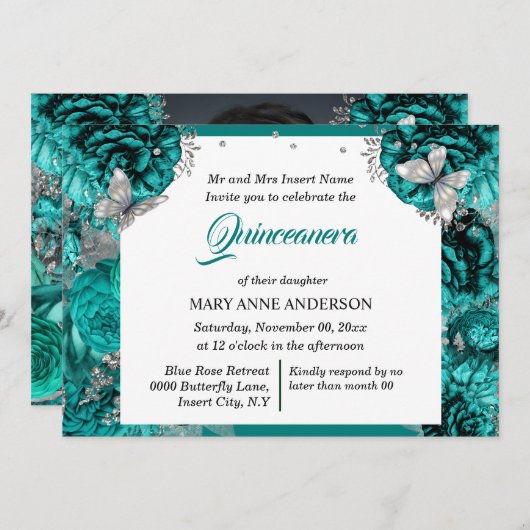 Invitation Turquoise argent PHOTO parties scintillant papillo (Devant / Derrière)