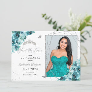 Invitation Turquoise & Argent Quinceañera Enregistrer La Date