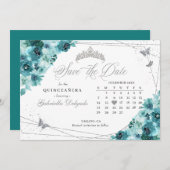 Invitation Turquoise & Argent Quinceañera Enregistrer La Date (Devant / Derrière)