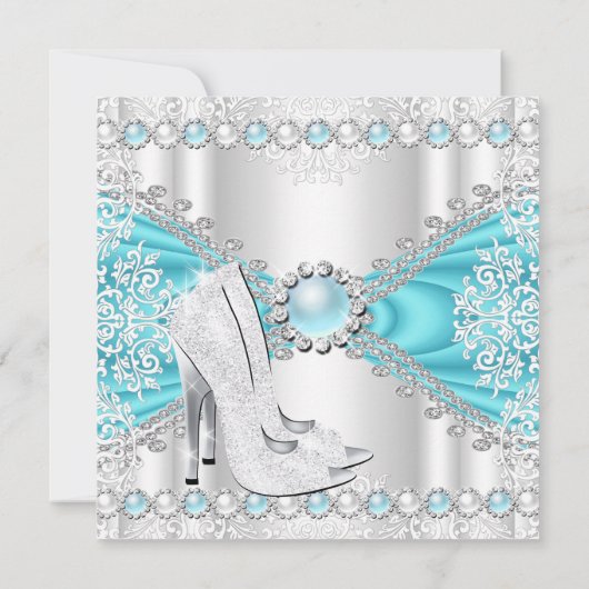 Invitation Turquoise Argent talons hauts Perle blanche fête d (Dos)