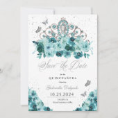 Invitation Turquoise & Argent Tiara Enregistrer La Date Quinc (Devant)