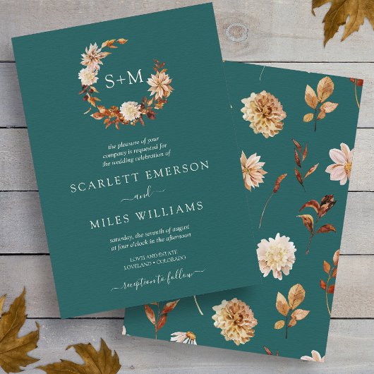 Invitation Turquoise Automne Terracotta Monogram Mariage