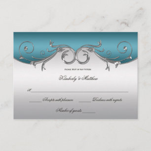 Invitation Turquoise avec des volutes argentées ornementales 