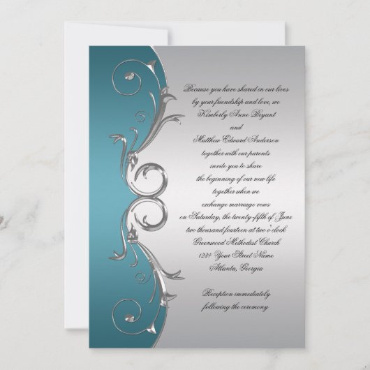 Invitation Turquoise avec Ornate Silver Swirls Mariage Célébr (Devant)