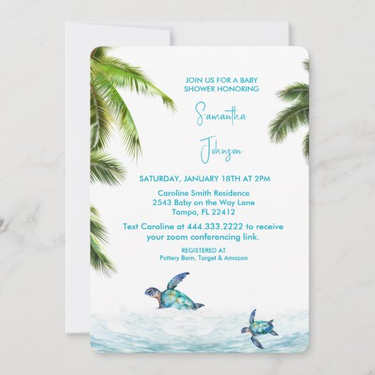 Invitation Turquoise Baby shower tropical de la tortue de mer (Devant)