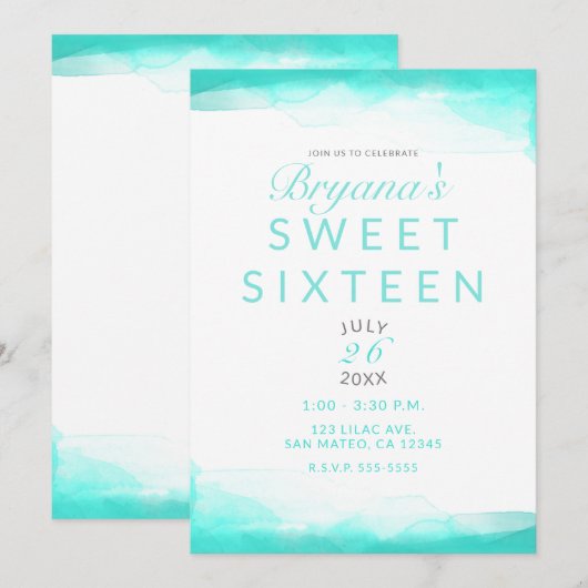Invitation Turquoise Beach Aqua Aquarelle Moderne Chic Sweet  (Devant / Derrière)
