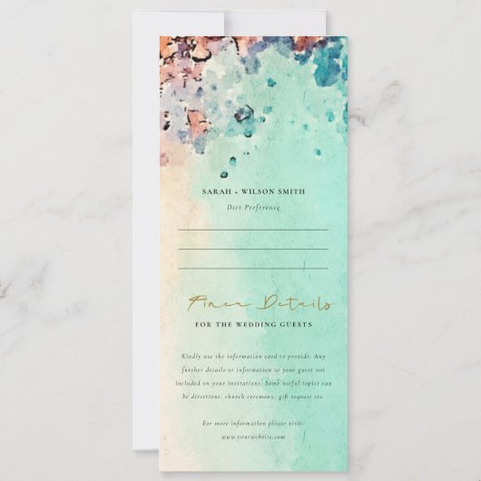 Invitation Turquoise Beach Sand Rock Mariage Détails Menu Inv (Dos)