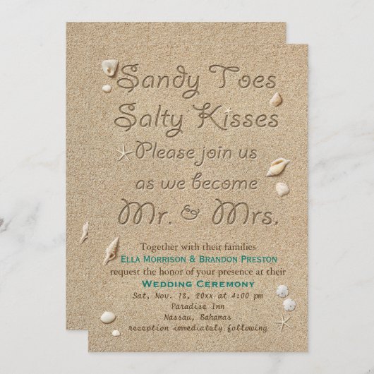Invitation Turquoise Beach Sandy Toits Salty Baisers Mariage (Devant / Derrière)