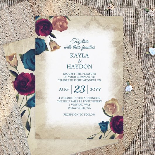 Invitation Turquoise, Beige Bourgogne Rose Jardin Mariage
