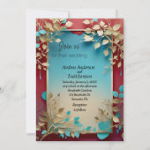 Invitation Turquoise beige feuille rouge cadre mariage (Devant)