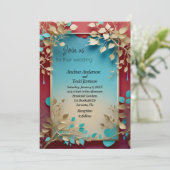Invitation Turquoise beige feuille rouge cadre mariage (Debout devant)