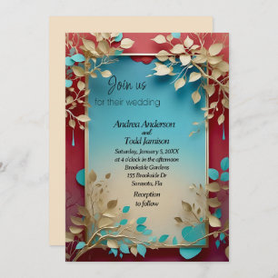 Invitation Turquoise beige feuille rouge cadre mariage