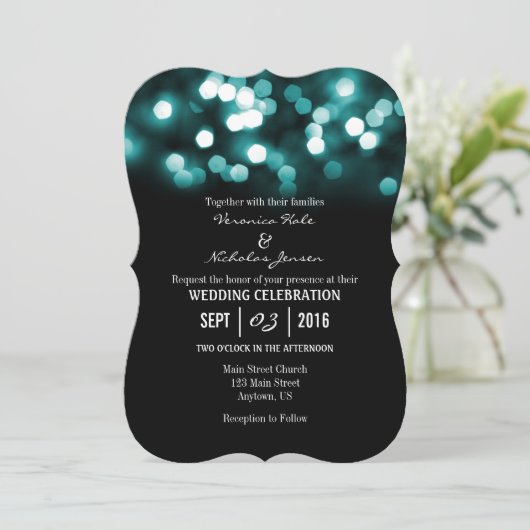 Invitation Turquoise Black Bokeh Parties scintillant lumière  (Debout devant)