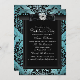 Invitation Turquoise & Black Chic Damask Bachelorette Party