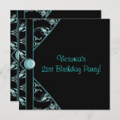 Invitation Turquoise Black Damask Femmes 21e fête d'anniversa (Devant / Derrière)