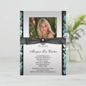 Invitation Turquoise Black Damask Photo Graduation (Debout devant)