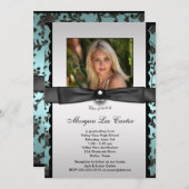Invitation Turquoise Black Damask Photo Graduation (Devant / Derrière)