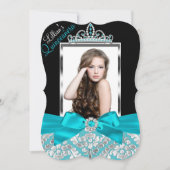 Invitation Turquoise Black Damask & Tiara Photo Quinceanera I (Devant)