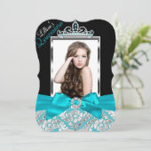 Invitation Turquoise Black Damask & Tiara Photo Quinceanera I (Debout devant)