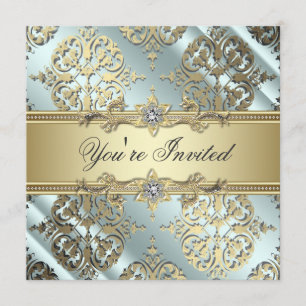 Invitation Turquoise Black Gold Damask Party