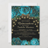 Invitation Turquoise Black Gold String Light Star Quinceañera (Devant)