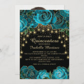 Invitation Turquoise Black Gold String Light Star Quinceañera (Devant / Derrière)