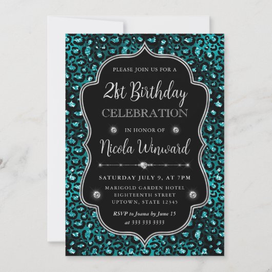 Invitation Turquoise & Black Leopard Spots Parties scintillan (Devant)