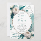 Invitation Turquoise blanc Aquarelle Peony Floral Oval Mariag (Devant)