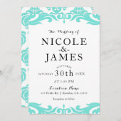 Invitation Turquoise & blanc Damask Chic Elegant Minimal Mari (Devant / Derrière)