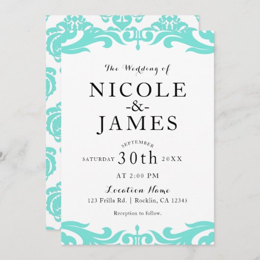 Invitation Turquoise & blanc Damask Chic Elegant Minimal Mari (Devant / Derrière)