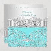 Invitation Turquoise blanc dentelle d'argent Pearl fête d'ann (Devant / Derrière)