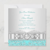 Invitation Turquoise blanc dentelle d'argent Pearl fête d'ann (Dos)