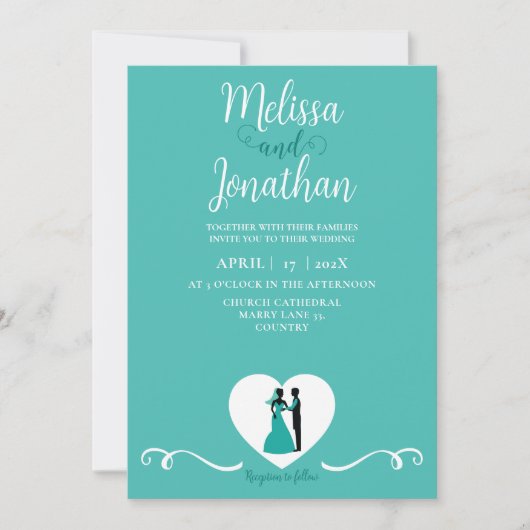 Invitation Turquoise Blanc Élégant Mariage Mariée et Salle (Devant)
