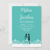 Invitation Turquoise Blanc Élégant Mariage Mariée et Salle (Devant)